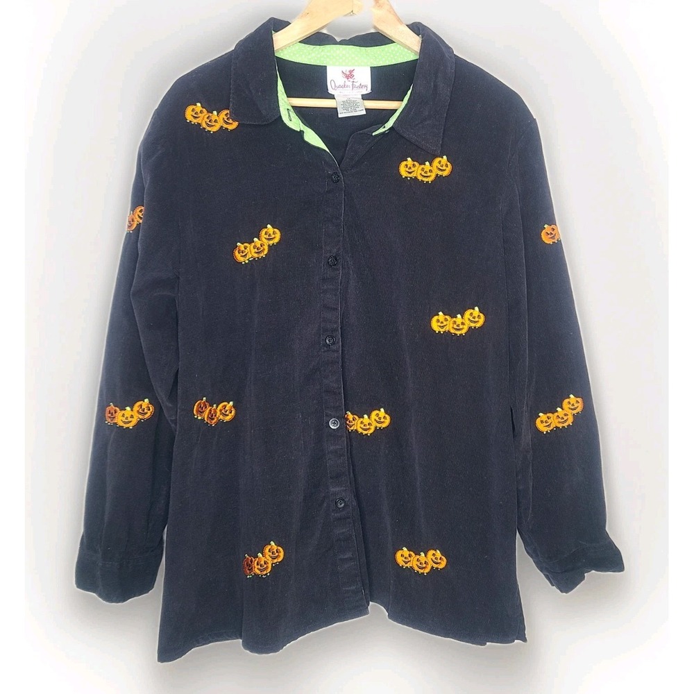 Vtg‎ Quacker Factory 1x Black Embroidered Pumpkin Halloween Shirt Corduroy